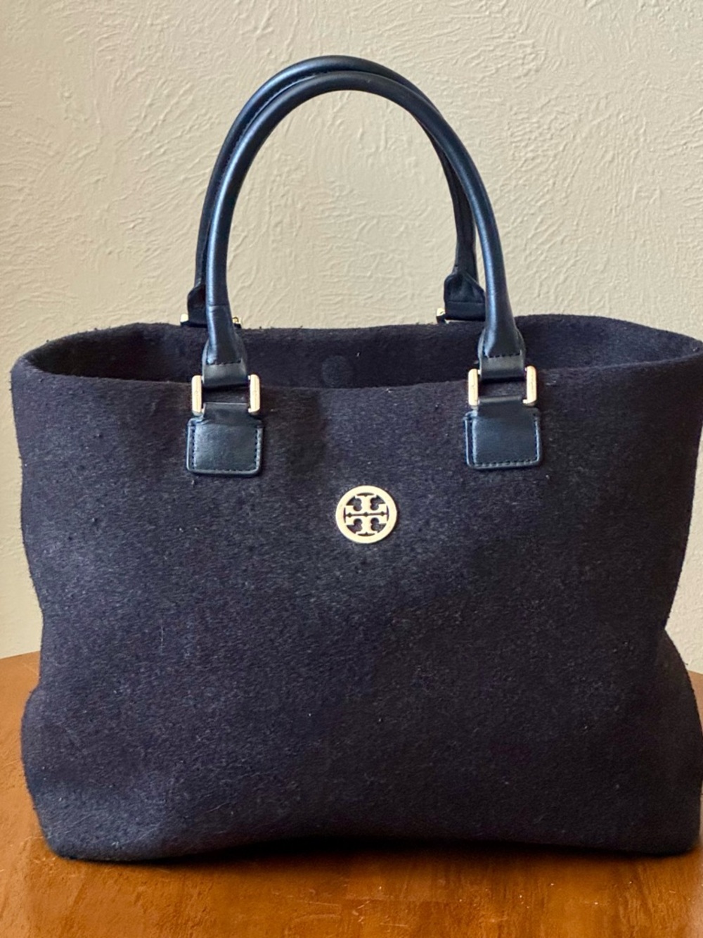 Tory Burch Dark Gray/Black Wool Tote with Gold Logo Accent